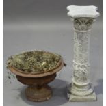 A 20th century cast composition stone garden pedestal, decorated with a band of classical figures,