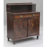 A Regency figured mahogany chiffonier, the shelf back above a single frieze drawer with applied gilt