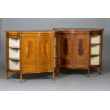 A near pair of late 19th/early 20th century satinwood serpentine fronted side cabinets, each