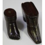 A Victorian mahogany novelty snuff box in the form of a shoe with overall brass piqué inlaid dots,
