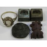 A small group of items, including a 9ct gold ring, inset with a carved cameo, and two Chinese bronze