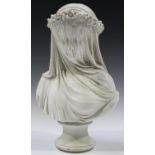 A late 20th century reconstituted marble bust of the Veiled Bride, detailed 'Chatsworth,