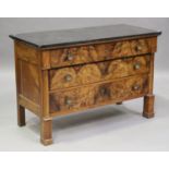 A late 19th century French walnut commode chest, the grey marble top above three drawers, on block