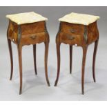 A pair of 20th century French kingwood bedside chests of two drawers, each with a marble top and