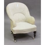 A Victorian tub back armchair, on turned legs and china castors, height 84cm, width 62cm.Buyer’s