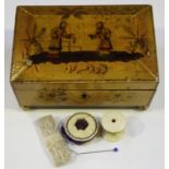 An early Victorian yellow lacquered chinoiserie needlework box of sarcophagus form, the hinged lid