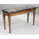 A 20th century French Louis XVI style parcel gilded beech and marble-topped console table, the