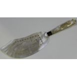 A mid-19th century mother-of-pearl fish slice, the blade pierced and engraved with a fish, length