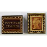 A Victorian Tunbridge ware stamp box, the lid with a mosaic portrait of the Queen, length 4cm,