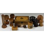 A group of mainly 19th century treen, including a Mauchline ware box, the top inscribed 'A Present