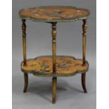 A late 19th/early 20th century maple étagère of quatrefoil form, the two tiers painted with rocky