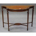 An Edwardian mahogany break-bowfront side table with satinwood and chequer stringing, the square