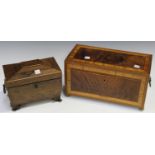 A George III rosewood tea caddy of sarcophagus form with fruitwood stringing, applied with gilt