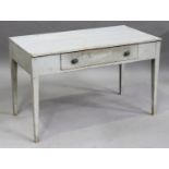 An early 20th century grey painted pine side table, fitted with a drawer, on square tapering legs,