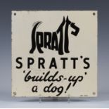 An early 20th century enamelled advertising sign for Spratt's dog food, detailed 'Spratt's builds-up