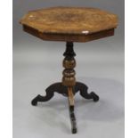 A late 19th century Italian walnut and marquetry inlaid octagonal occasional table, raised on a