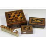 A Victorian Tunbridge ware square box, the hinged lid with a central reserve of specimen wood
