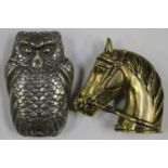 A late 19th/early 20th century plated brass novelty vesta case in the form of an owl, length 5.