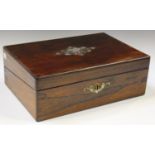 A late Victorian rosewood writing slope, the hinged lid and front inlaid in brass and mother-of-