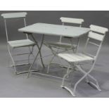 A group of eight wooden slatted and iron framed folding tennis chairs and a matching garden table,