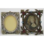 A 20th century plated brass miniature photograph frame, inset with turquoise and red pastes, 6cm x