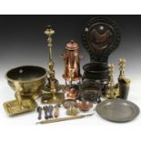 A collection of mixed metalware, including a 19th century engraved brass bowl, a 17th century