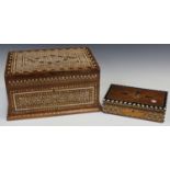 A 20th century Indian hardwood and bone inlaid rectangular box, width 41cm, together with another
