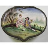 A 19th century Continental silver mounted enamel snuff box, the hinged lid and sides painted with