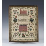 An early Victorian needlework sampler, unnamed and undated, finely worked with a central verse