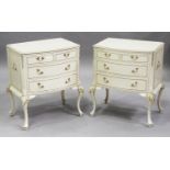 A pair of mid-20th century Italianate white and gilt painted chests of three drawers, on cabriole