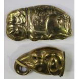 Two late 19th century brass novelty vesta cases, one in the form of a recumbent circus elephant,