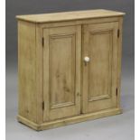 A Victorian stripped pine cabinet, enclosed by two panelled doors, on a plinth base, height 90cm,