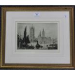 Ernest Llewellyn Hampshire - The Palace of Westminster from the Thames, 20th century etching, signed