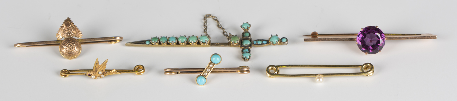A gold, seed pearl and turquoise lace pin, a French gold and seed pearl bar brooch, a gold bar