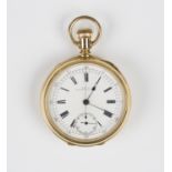 A gold cased keyless wind open-faced centre-stop-seconds gentleman's pocket watch, the gilt jewelled