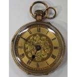 A 9ct gold cased keyless wind open-faced lady's fob watch with gilt cylinder movement, the gilt dial