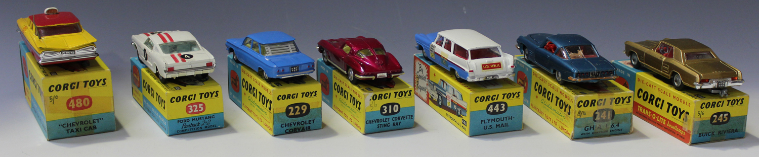 Seven Corgi Toys American cars, comprising a No. 229 Chevrolet Corvair, a No. 241 Ghia L.6.4, a - Image 2 of 2