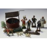 A collection of Britains and other lead farm figures, three log benches, a hunting group, a well etc