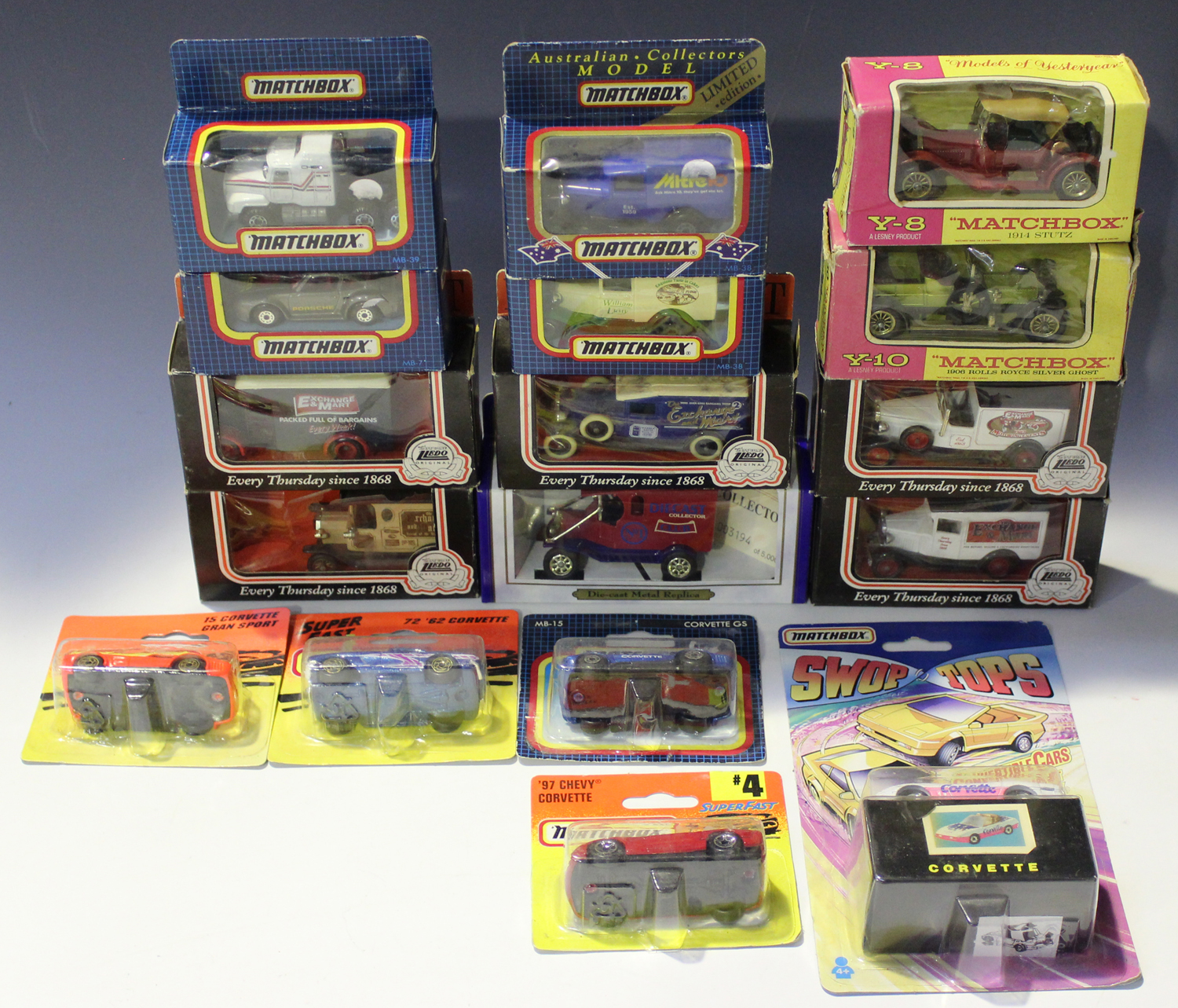 A small collection of die-cast vehicles, comprising a Matchbox Models of Yesteryear Y-8 1914 Stutz