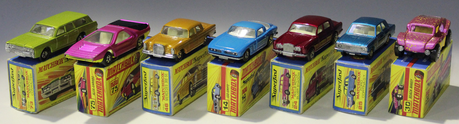 Seven Matchbox Superfast cars, comprising a No. 14 Iso Grifo, a No. 24 Rolls-Royce Silver Shadow,