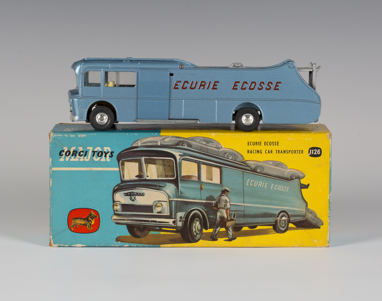 A Corgi Toys Major No. 1126 Ecurie Ecosse racing car transporter, finished in metallic light blue