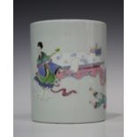 A Chinese famille rose enamelled porcelain brushpot, Yongzheng period, of cylindrical form,