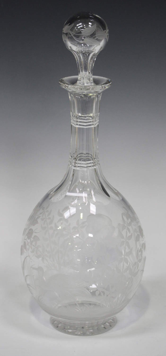 An engraved Stourbridge glass decanter and stopper, possibly Stevens & Williams, late 19th/early