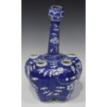 A Chinese blue and white porcelain crocus vase, late 19th century, the lobed bulbous body painted