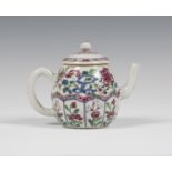 A Chinese famille rose export porcelain teapot and cover, Yongzheng period, the ovoid body enamelled