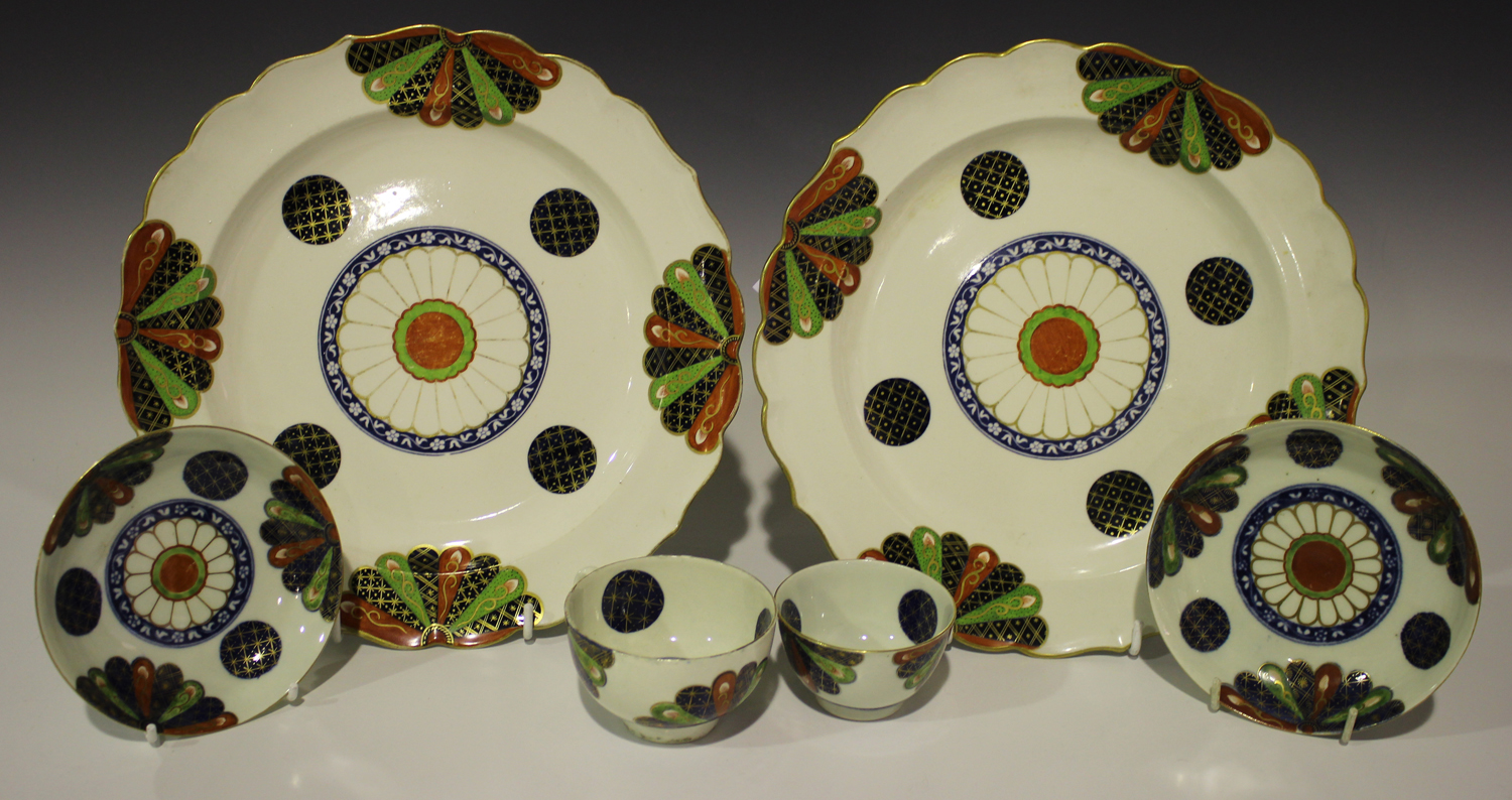 A Worcester Japan Fan pattern tea bowl and saucer and matching teacup and saucer, circa 1770, pseudo