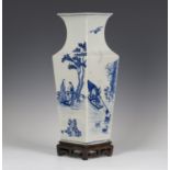 A Chinese blue and white porcelain vase, late 19th century, of square tapering form with flared