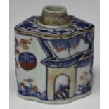 A Chinese Imari export porcelain tea caddy, late Kangxi period, of shaped outline, moulded in relief