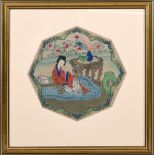 Unsigned - interior scene with lady relaxing on carpet, Japanese watercolour, octagonal framed, 10.