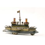 An early 20c Hess clockwork tin plate model Dreadnought, 8in w.